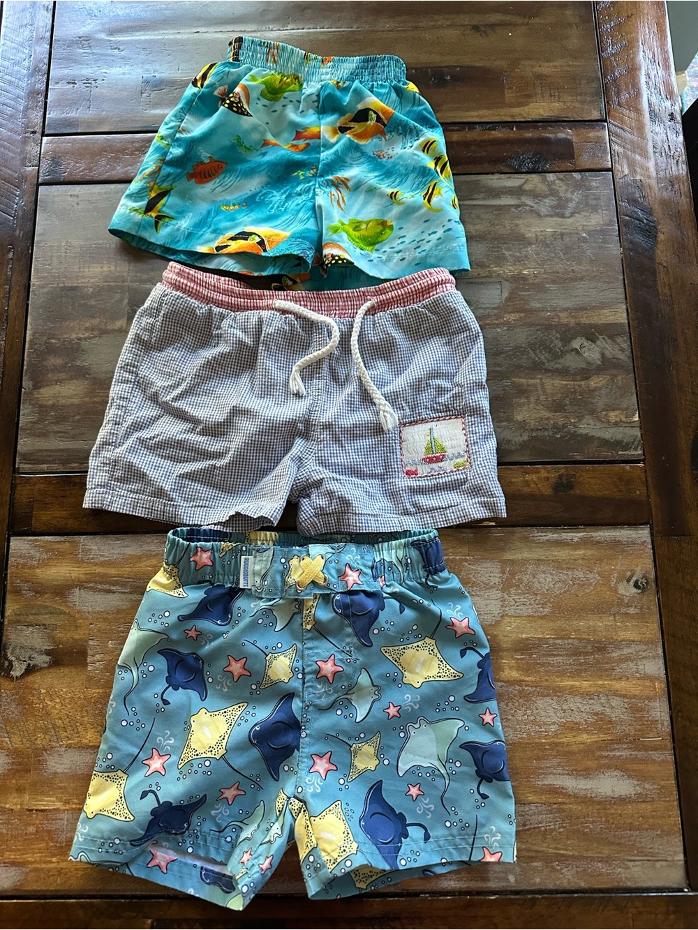 Lot of 3 Kids' Ocean-Themed Blue Swim Trunks with Drawstring Waist 18-24